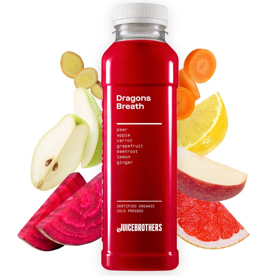Juicebrothers Dragons Breath populairste detox sap van rode bietensap peer appel wortel grapefruit gember citroen