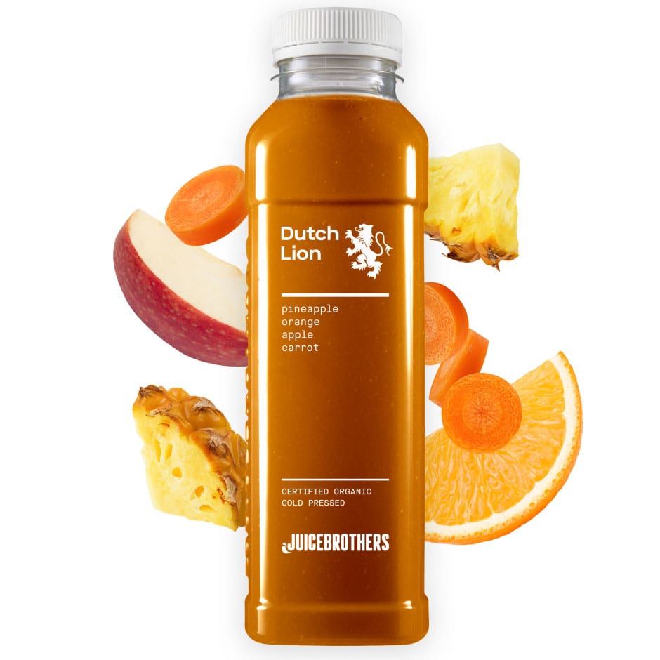 Juicebrothers Dutch Lion detox sap ananas sinaasappel appel wortel biologisch koudgeperst