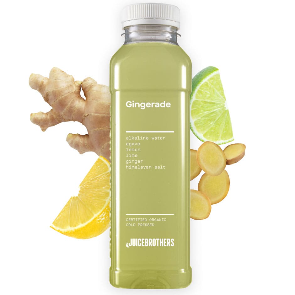 Juicebrothers GingerRade limonade biologisch koudgeperst van alkaline water agave citroen limoen gember en himalaya zout