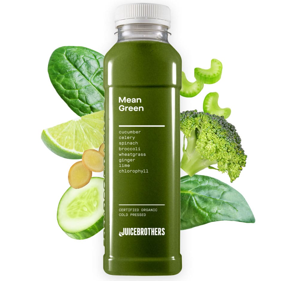Juicebrothers Mean Green detox sap van selderij komkommer broccoli spinazie tarwegras gember limoen biologisch koudgeperst
