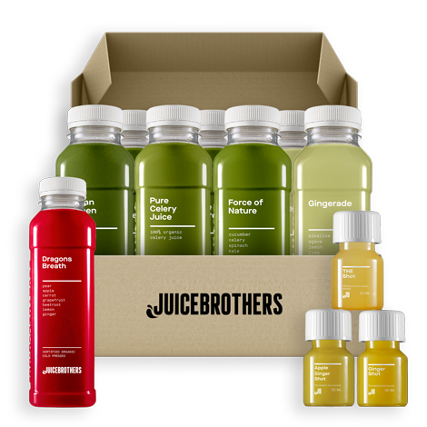 Juicebrothers Monster Pack sap pakket met detox sap, gember shots, boerenkool sap, spinazie sap, selderij sap en voordeel pakket geheel biologisch en koudgeperst